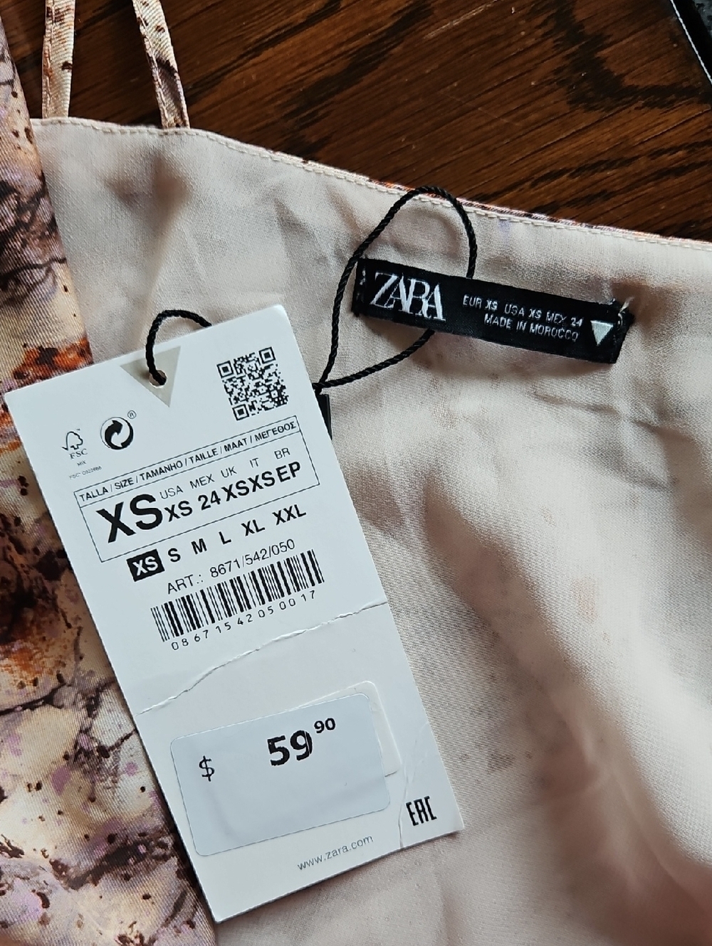 Zara Beige Marble Print Sateen Wrap Mini Dress XS W/ Double Spaghetti Straps - Picture 10 of 13